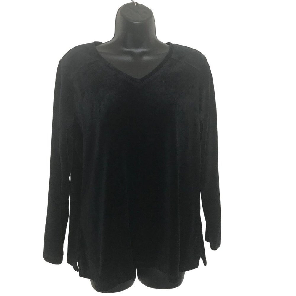 D&Co Active Black Velour Sweatshirt Size Small Petite Long Sleeve Pullover